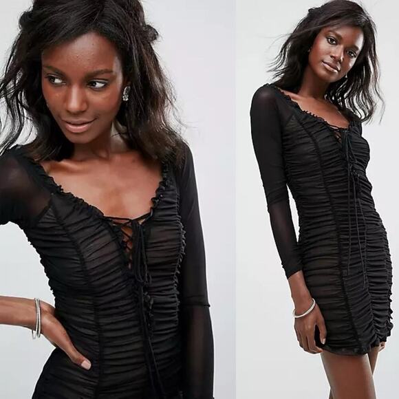 Majorelle Jardin Darling Ruched Dress in Black Lace Up Front Bodycon Size Large - Picture 15 of 15